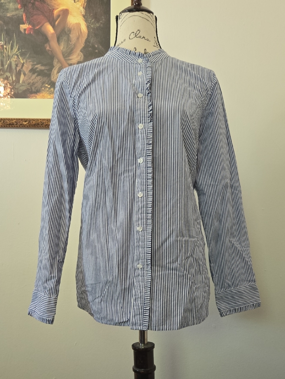Talbots Blue and White Striped Button-Up Ruffled Shirt